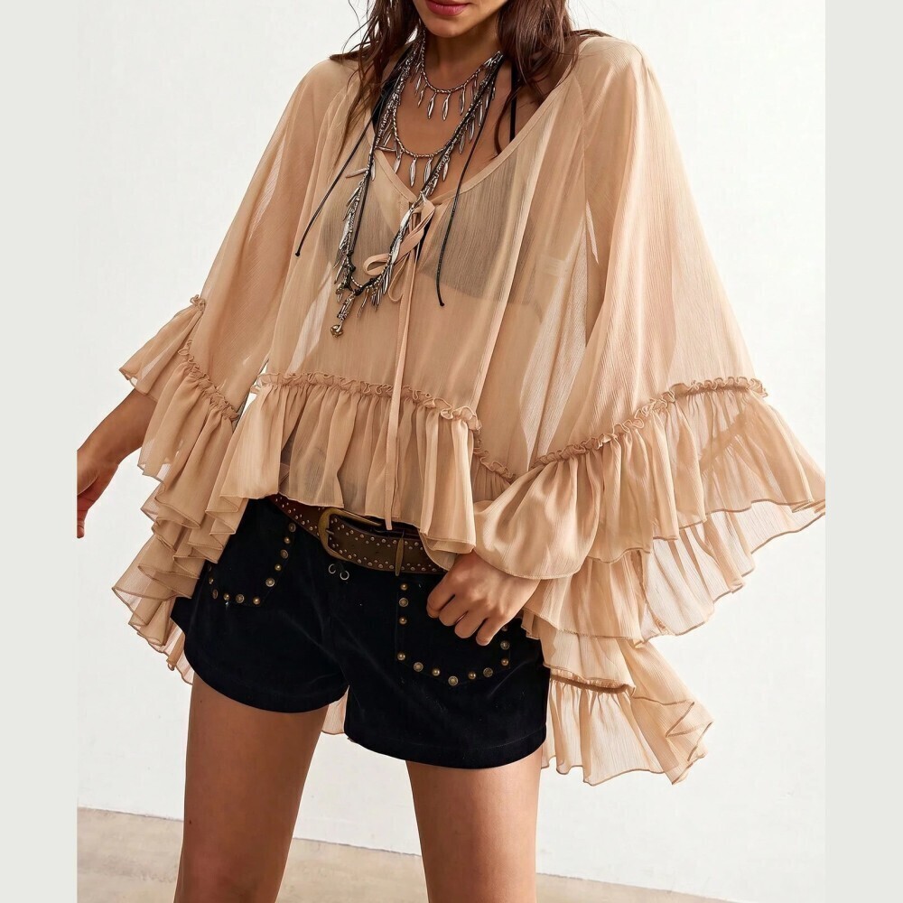 Tan Sheer Chiffon Tie Neck Ruffle Trim Bell Sleeve Blouse